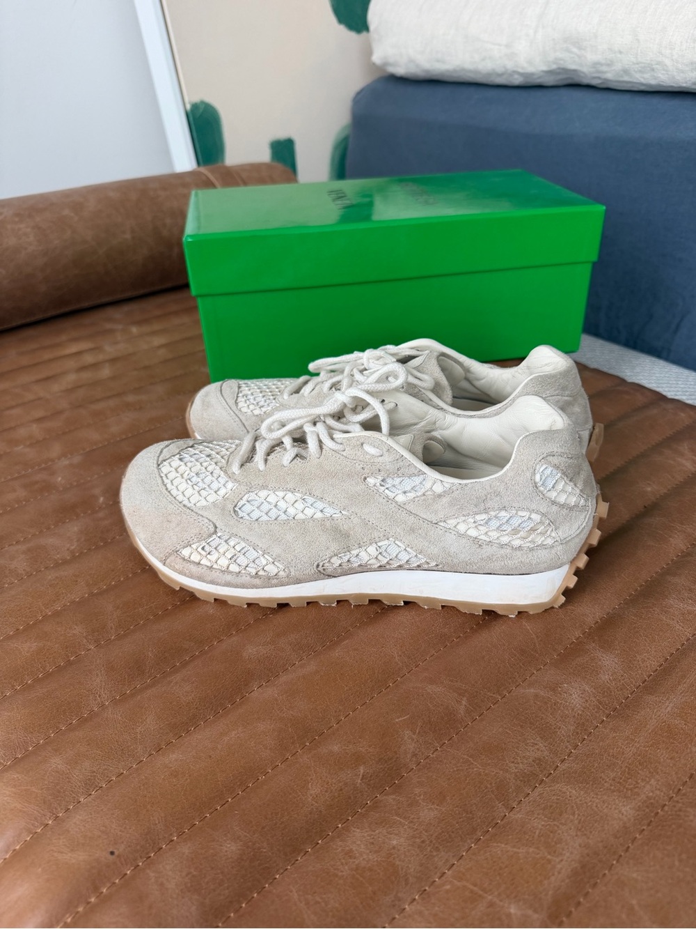 Bottega Veneta Runner sneaker in weathered suede and lightweight technical mesh.